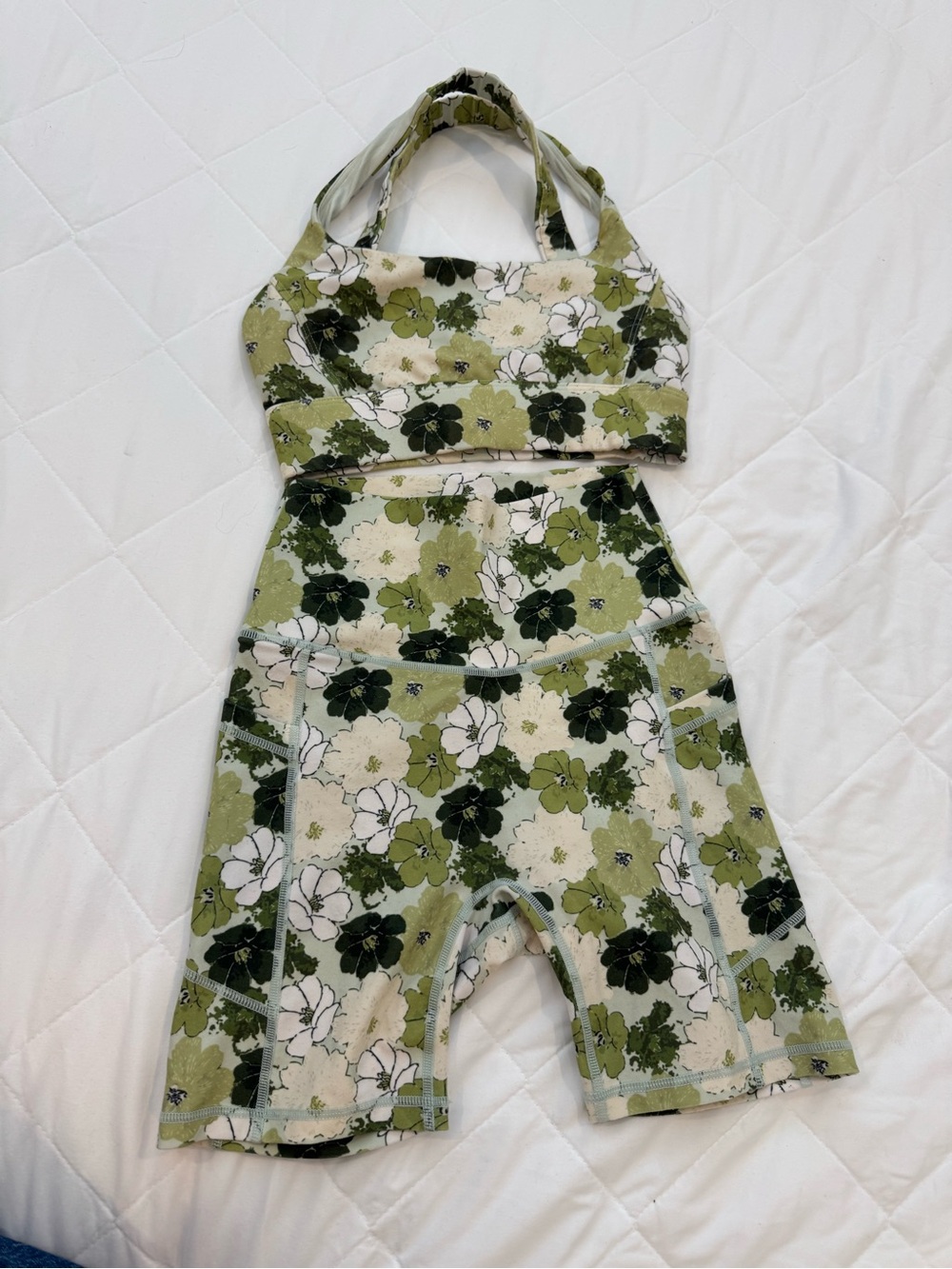 Silver Wind Floral Green Crop Top & High-Waist Bike Shorts Set
